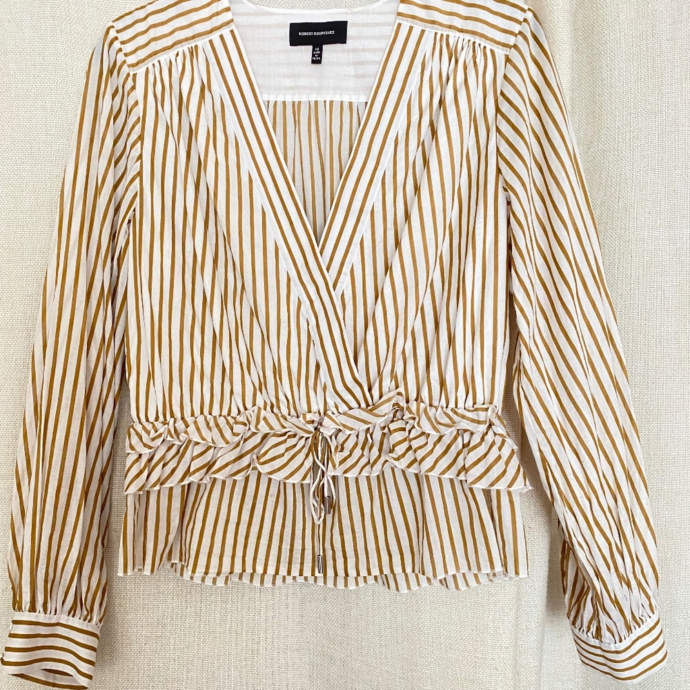 Robert Rodriguez White and Mustard Striped Wrap Blouse